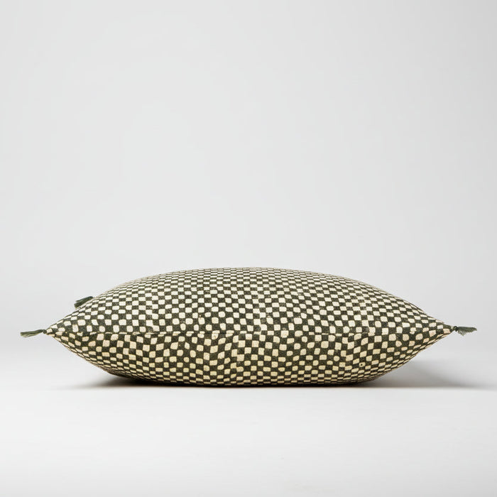 Block Print Green Check Linen Pillow