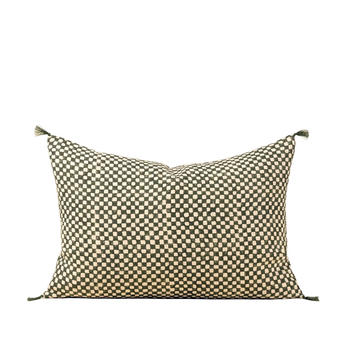 Block Print Green Check Linen Pillow