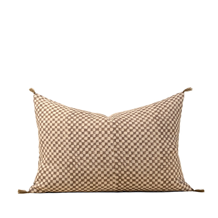 Block Print Brown Check Linen Pillow