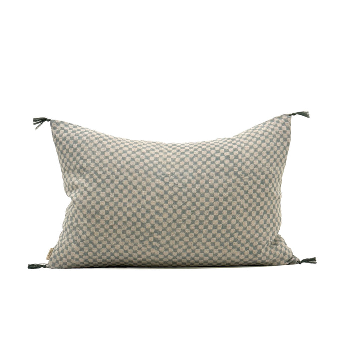 Block Print Blue Check Linen Pillow
