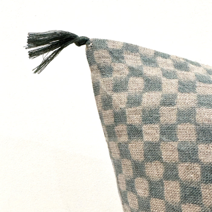 Block Print Blue Check Linen Pillow